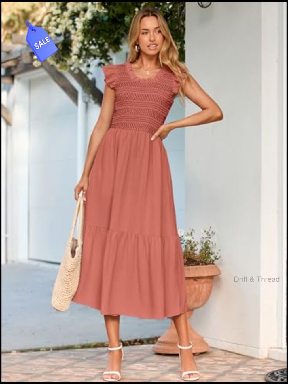 Women's Boho Smocked Waist Midi Dress with Pockets - Picture 5 of 6